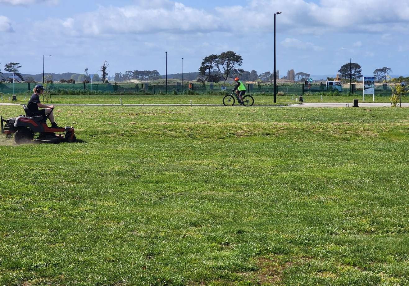 lawns being mowed with a ride on lawn mover in new zealand